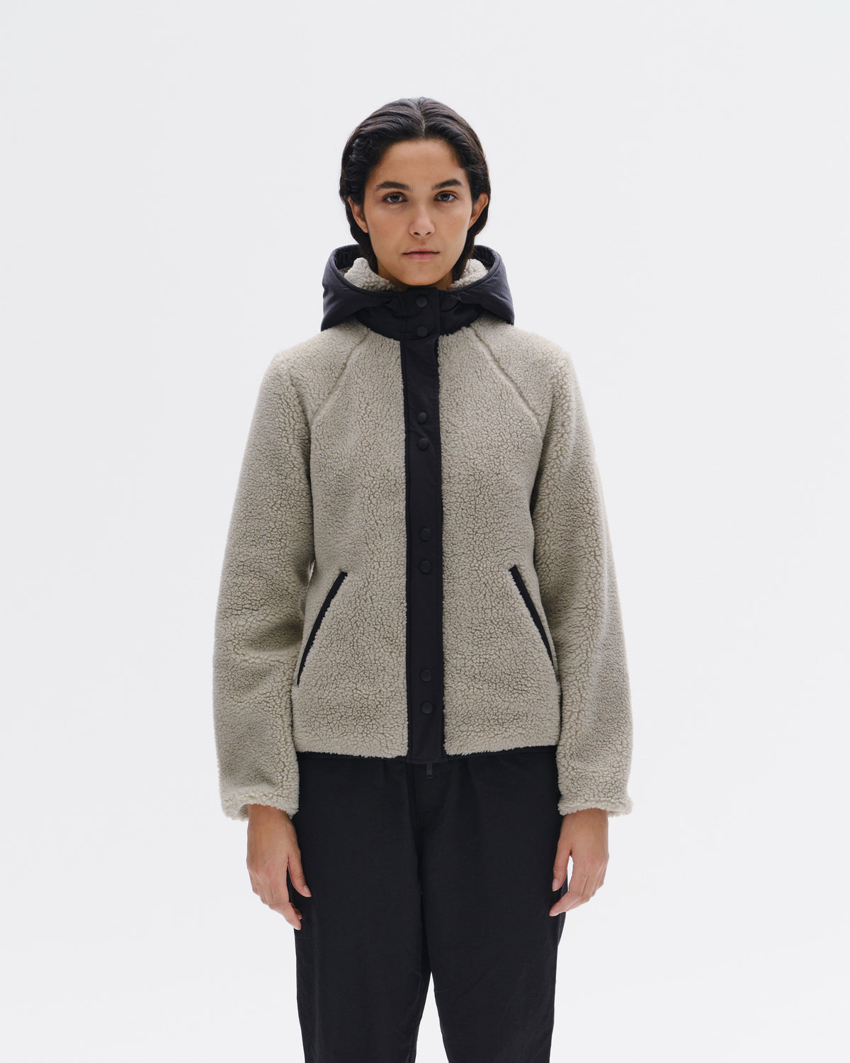 Model image — Hooded sherpa jacket Female - Terra Brown