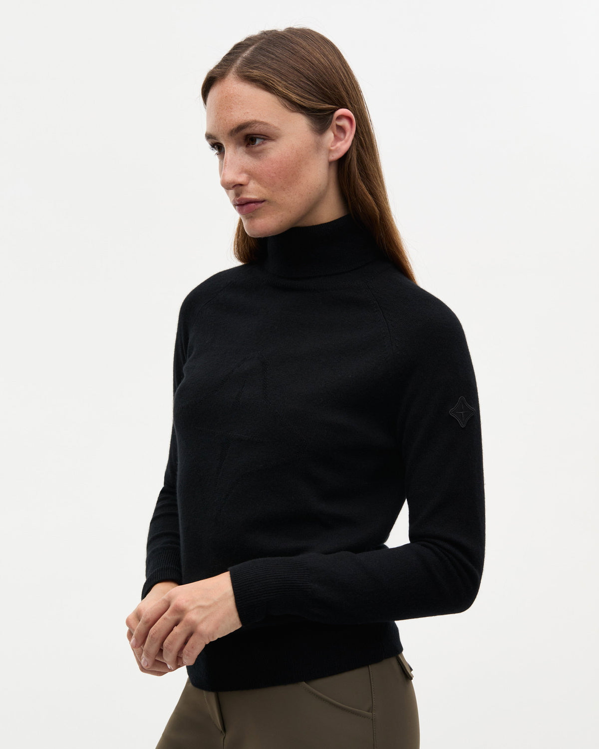 Model image — Tonal Fine Cashmere Logo Turtleneck Female - Navy
